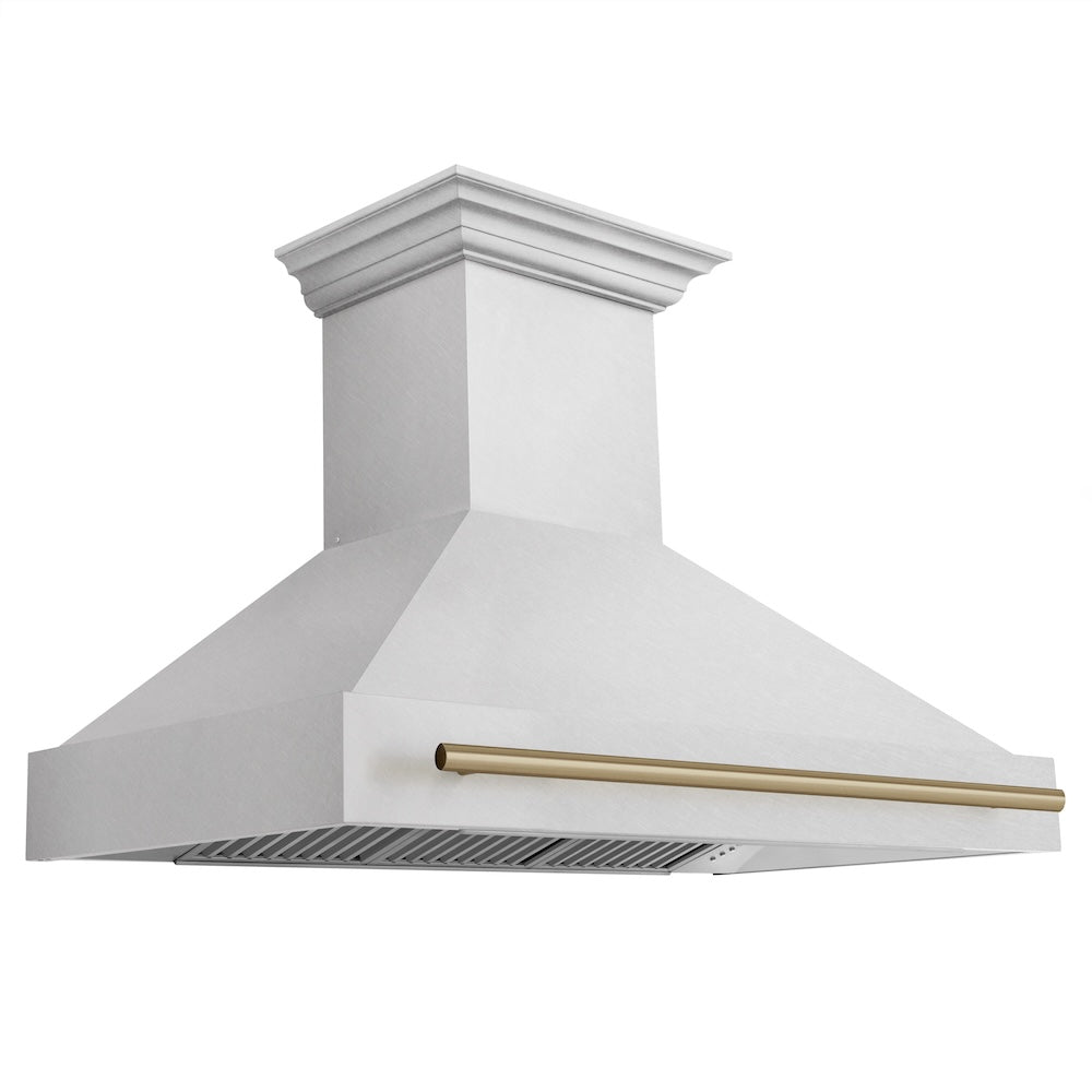 ZLINE Autograph Edition 48 in. Satin Stainless Steel Wall Mount Range Hood with Champagne Bronze Handle (8654SNZ-48-CB) 8654SNZ48CB