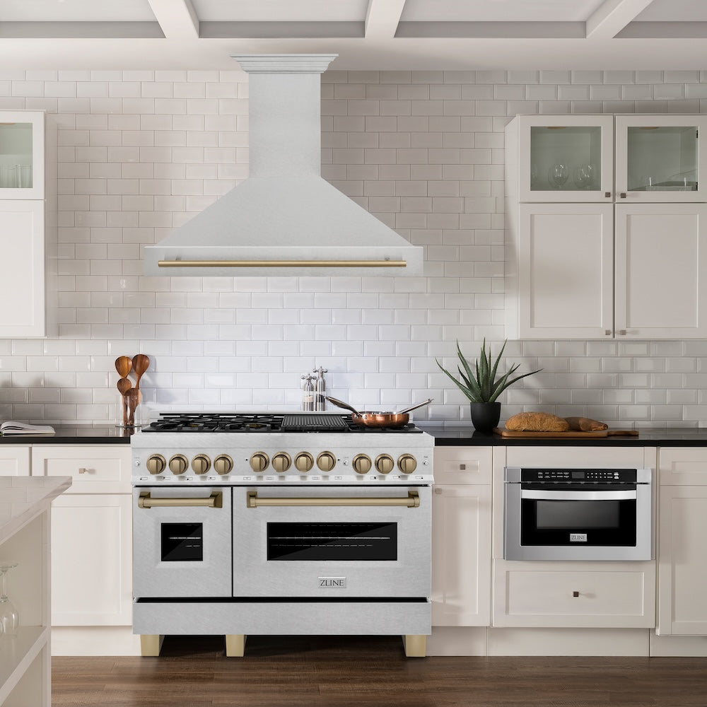 ZLINE Autograph Edition 48 in. Satin Stainless Steel Wall Mount Range Hood with Champagne Bronze Handle (8654SNZ-48-CB) 8654SNZ48CB
