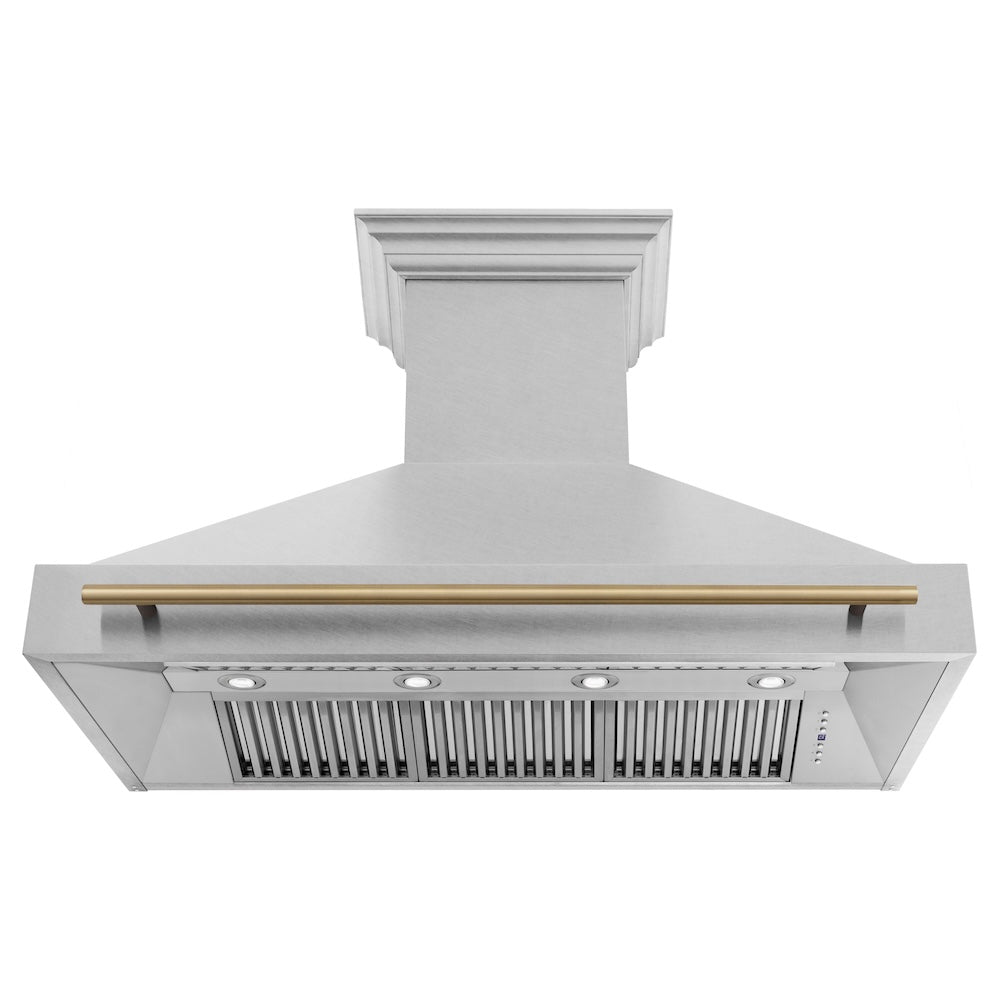 ZLINE Autograph Edition 48 in. Satin Stainless Steel Wall Mount Range Hood with Champagne Bronze Handle (8654SNZ-48-CB) 8654SNZ48CB