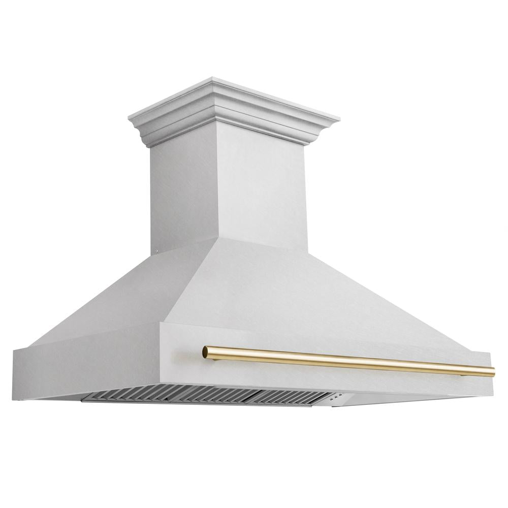 Autograph Edition 48 In. Satin Stainless Steel Wall Mount Range Hood With Polished Gold Handle 8654SNZ48G