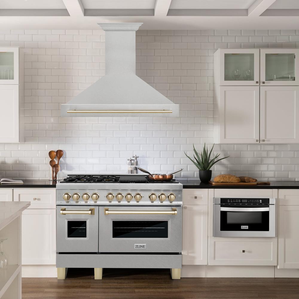 Autograph Edition 48 In. Satin Stainless Steel Wall Mount Range Hood With Polished Gold Handle 8654SNZ48G