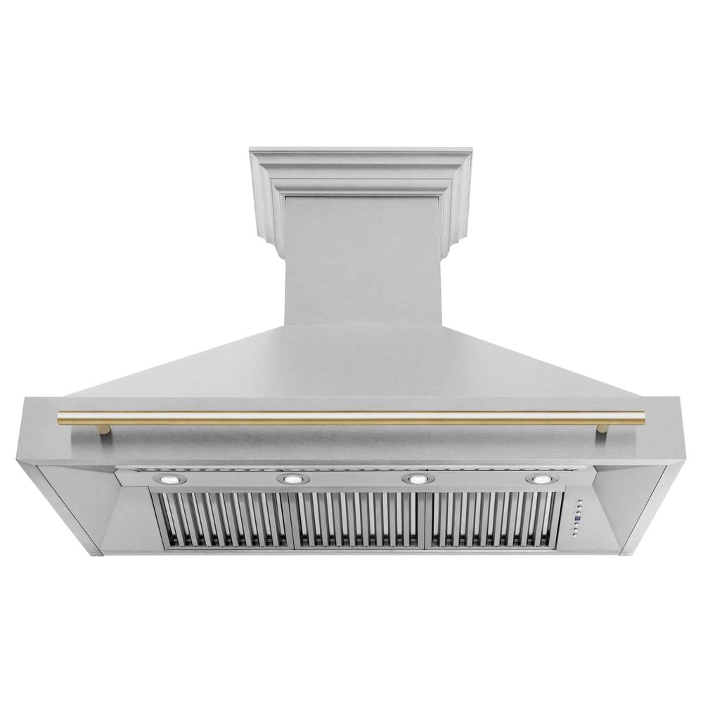 Autograph Edition 48 In. Satin Stainless Steel Wall Mount Range Hood With Polished Gold Handle 8654SNZ48G