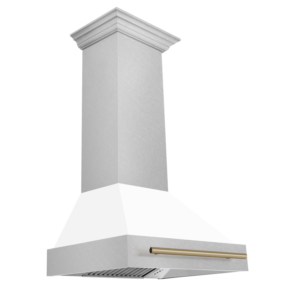 Autograph Edition 30 In. Satin Stainless Steel Wall Mount Range Hood With White Matte Shell And Champagne Bronze Handle 8654SNZWM30CB
