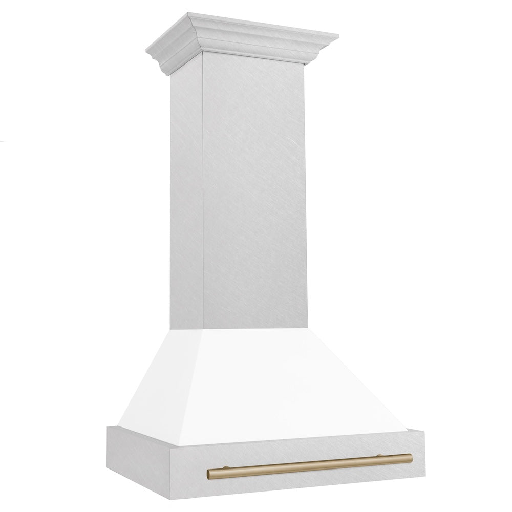 Autograph Edition 30 In. Satin Stainless Steel Wall Mount Range Hood With White Matte Shell And Champagne Bronze Handle 8654SNZWM30CB
