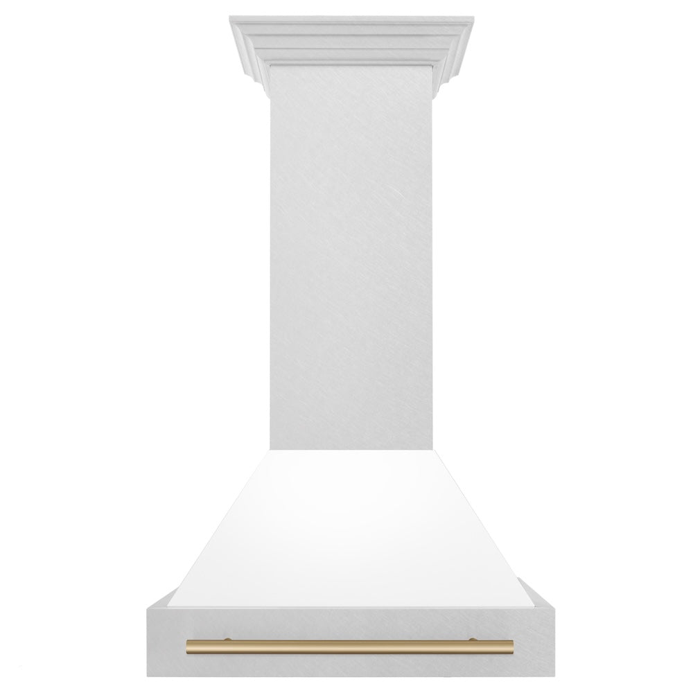 Autograph Edition 30 In. Satin Stainless Steel Wall Mount Range Hood With White Matte Shell And Champagne Bronze Handle 8654SNZWM30CB