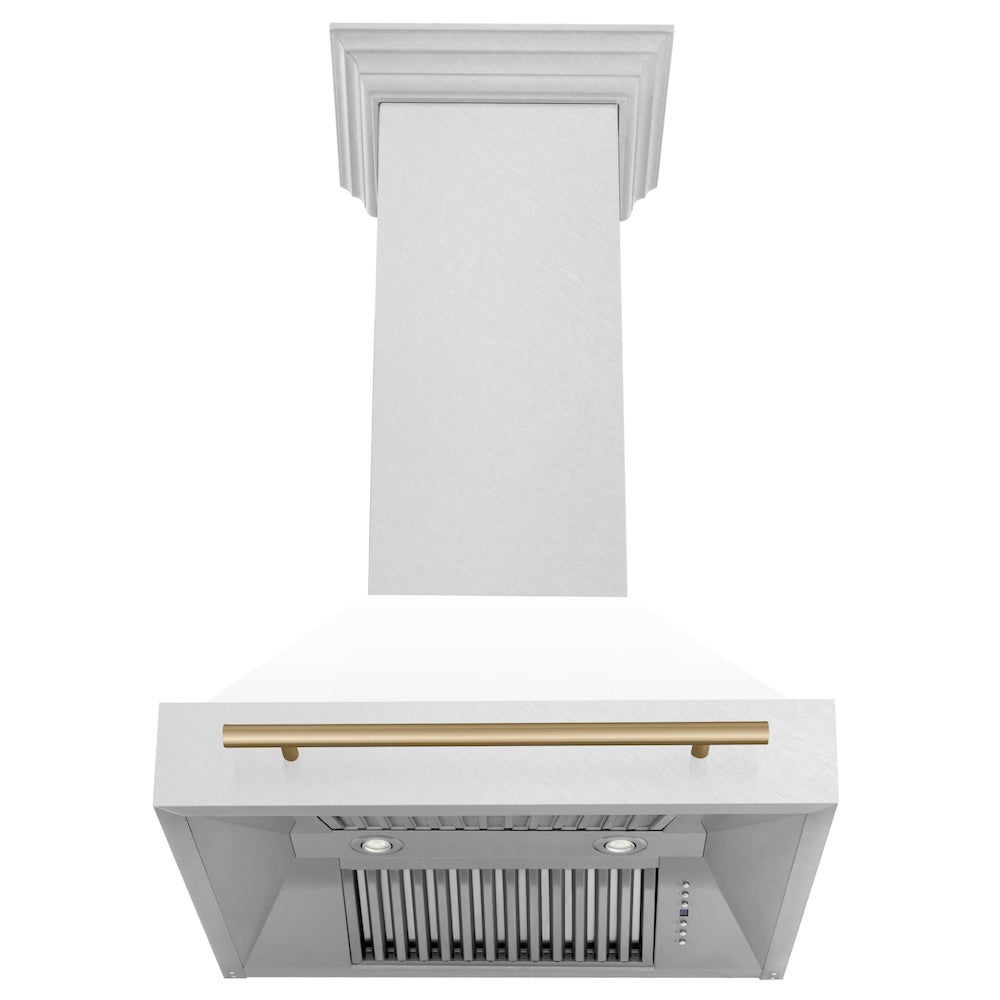 Autograph Edition 30 In. Satin Stainless Steel Wall Mount Range Hood With White Matte Shell And Champagne Bronze Handle 8654SNZWM30CB