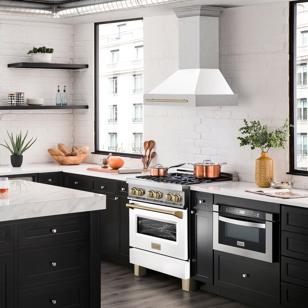 Autograph Edition 30 In. Satin Stainless Steel Wall Mount Range Hood With White Matte Shell And Champagne Bronze Handle 8654SNZWM30CB
