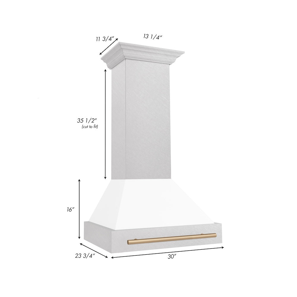 Autograph Edition 30 In. Satin Stainless Steel Wall Mount Range Hood With White Matte Shell And Champagne Bronze Handle 8654SNZWM30CB
