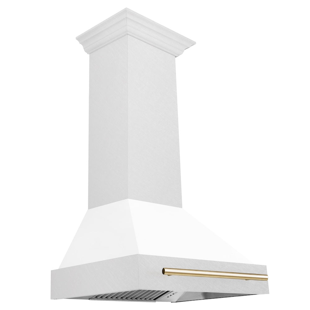 Autograph Edition 30 In. Satin Stainless Steel Wall Mount Range Hood With White Matte Shell And Polished Gold Handle 8654SNZWM30G