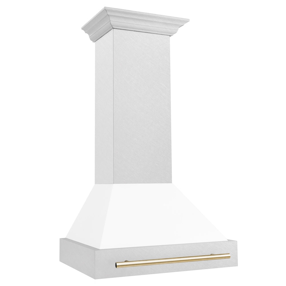 Autograph Edition 30 In. Satin Stainless Steel Wall Mount Range Hood With White Matte Shell And Polished Gold Handle 8654SNZWM30G