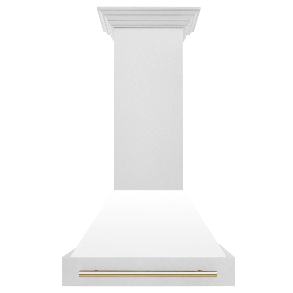 Autograph Edition 30 In. Satin Stainless Steel Wall Mount Range Hood With White Matte Shell And Polished Gold Handle 8654SNZWM30G