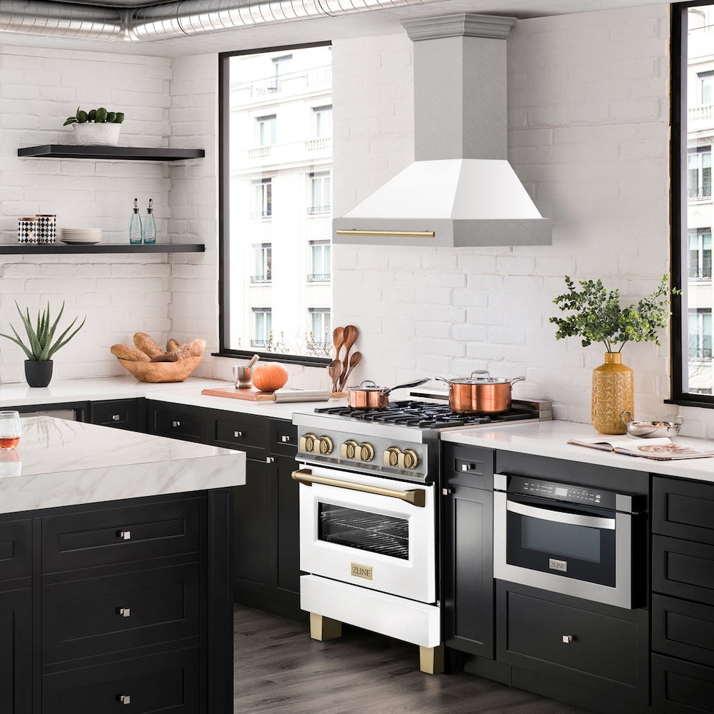 Autograph Edition 30 In. Satin Stainless Steel Wall Mount Range Hood With White Matte Shell And Polished Gold Handle 8654SNZWM30G
