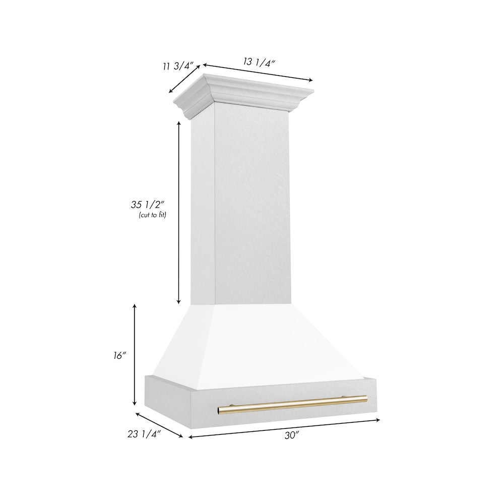 Autograph Edition 30 In. Satin Stainless Steel Wall Mount Range Hood With White Matte Shell And Polished Gold Handle 8654SNZWM30G