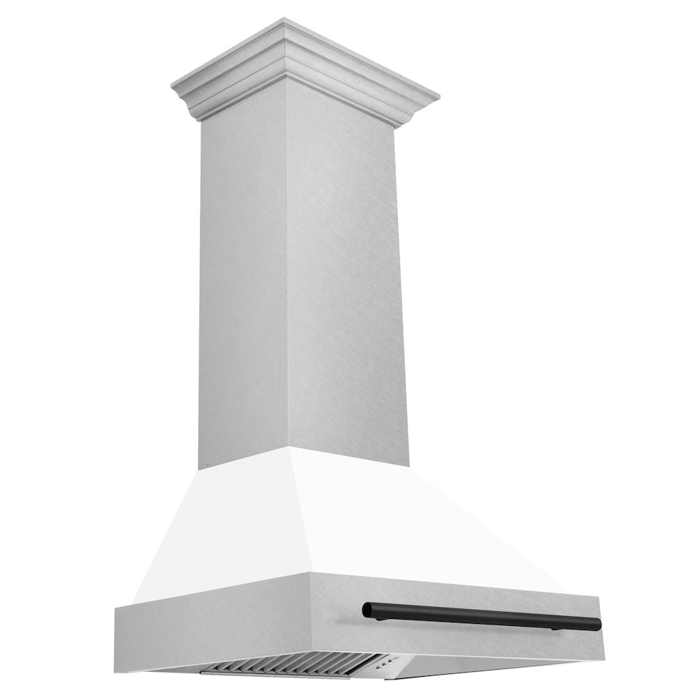 Autograph Edition 30 In. Satin Stainless Steel Wall Mount Range Hood With White Matte Shell And Matte Black Handle 8654SNZWM30MB