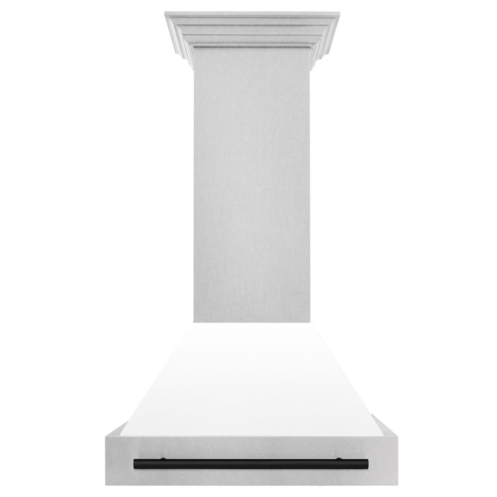 Autograph Edition 30 In. Satin Stainless Steel Wall Mount Range Hood With White Matte Shell And Matte Black Handle 8654SNZWM30MB