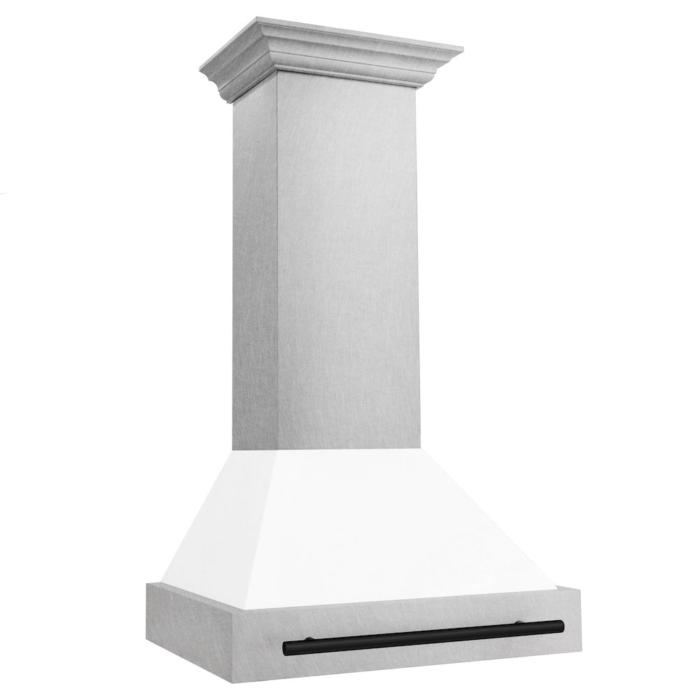 Autograph Edition 30 In. Satin Stainless Steel Wall Mount Range Hood With White Matte Shell And Matte Black Handle 8654SNZWM30MB