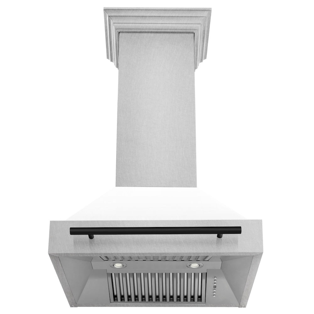 Autograph Edition 30 In. Satin Stainless Steel Wall Mount Range Hood With White Matte Shell And Matte Black Handle 8654SNZWM30MB