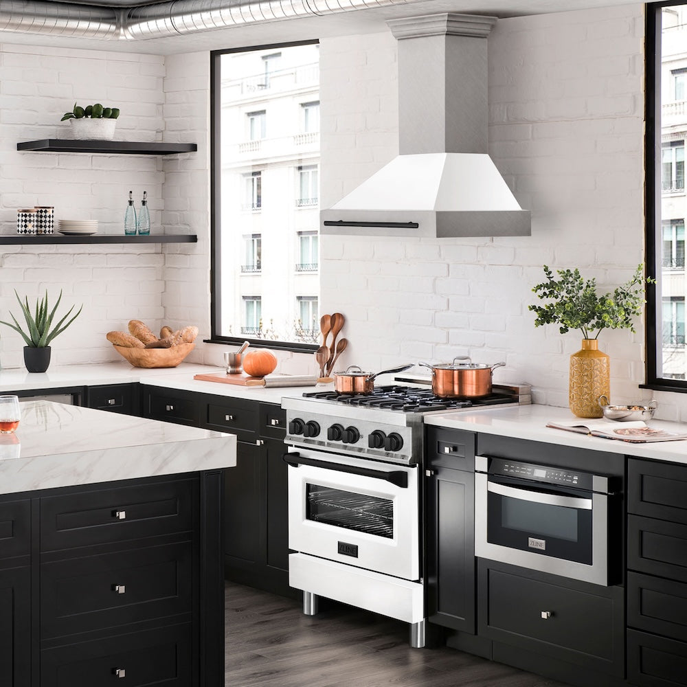 Autograph Edition 30 In. Satin Stainless Steel Wall Mount Range Hood With White Matte Shell And Matte Black Handle 8654SNZWM30MB