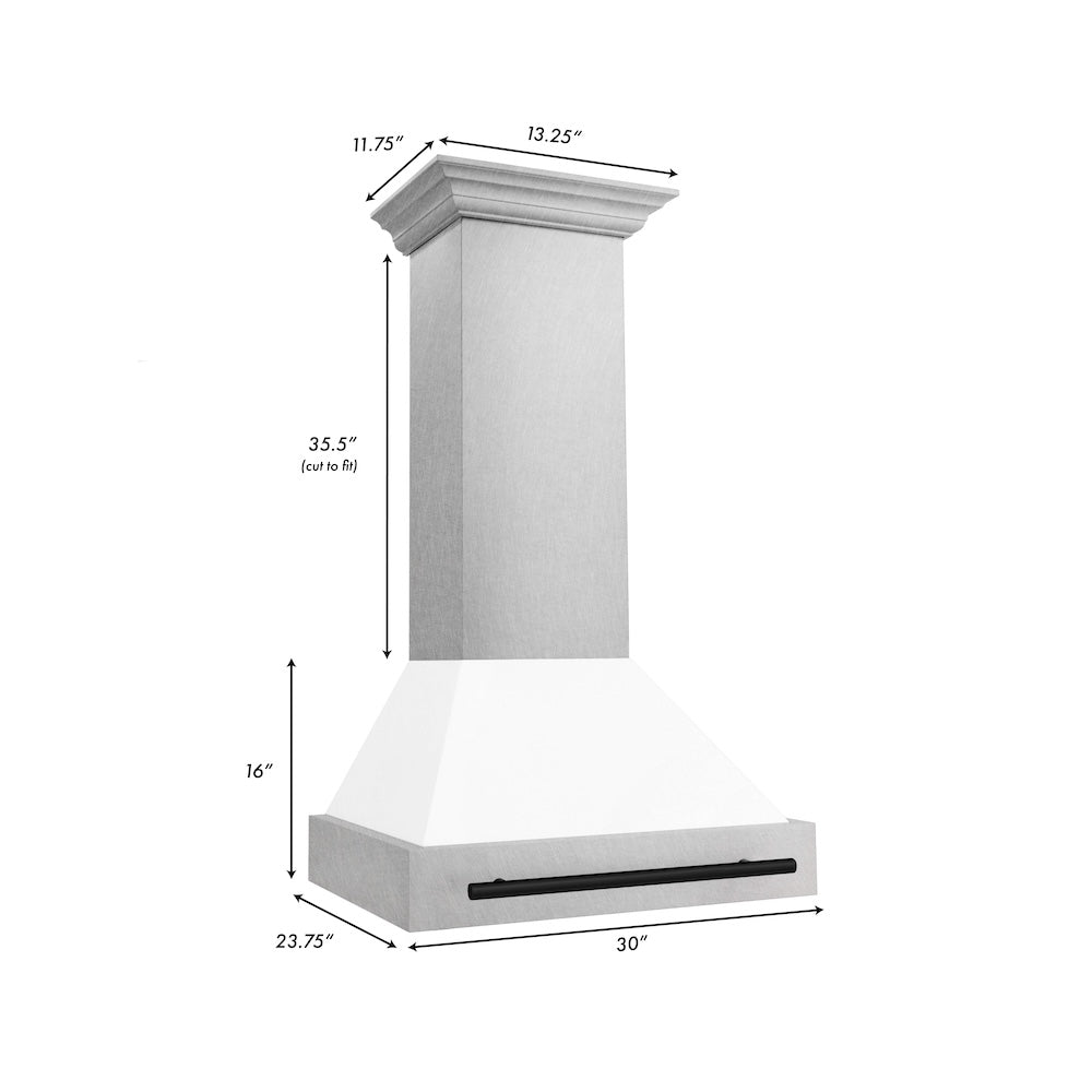 Autograph Edition 30 In. Satin Stainless Steel Wall Mount Range Hood With White Matte Shell And Matte Black Handle 8654SNZWM30MB