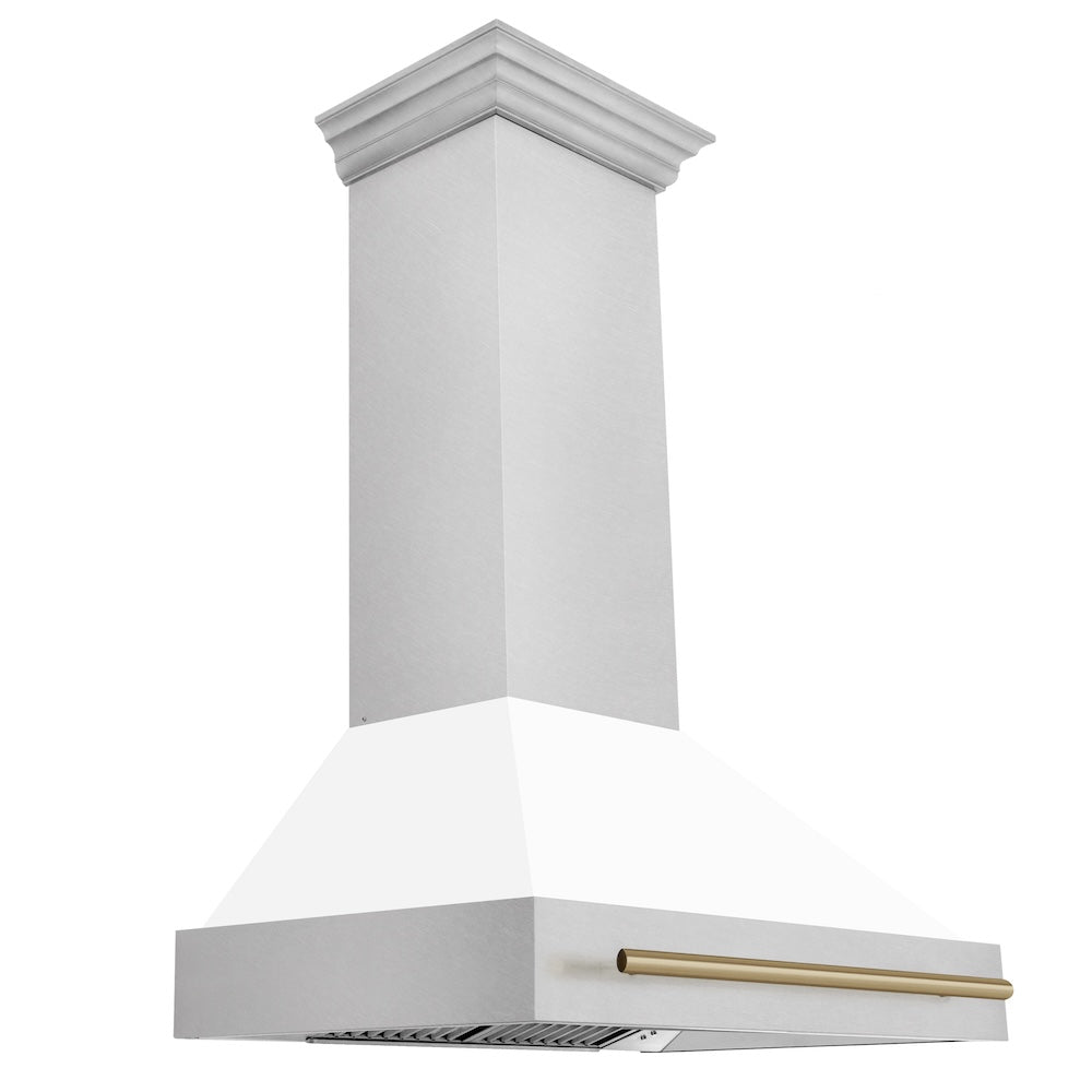 Autograph Edition 36 In. Satin Stainless Steel Wall Mount Range Hood With White Matte Shell And Champagne Bronze Handle 8654SNZWM36CB