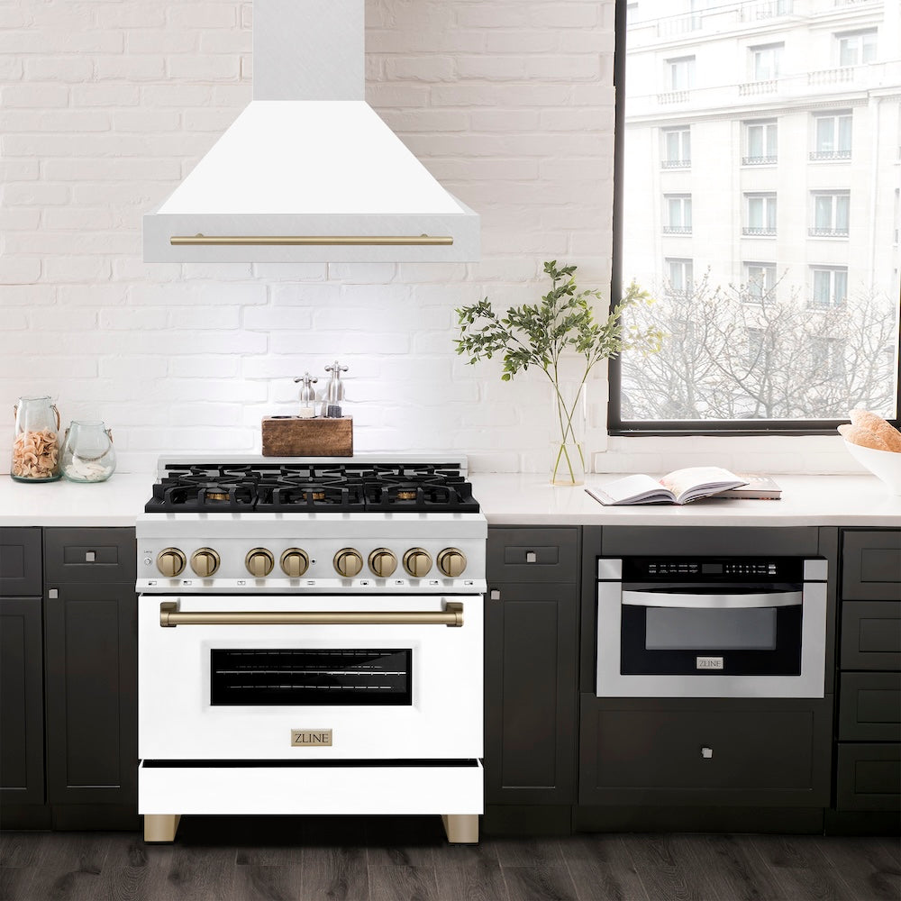 Autograph Edition 36 In. Satin Stainless Steel Wall Mount Range Hood With White Matte Shell And Champagne Bronze Handle 8654SNZWM36CB