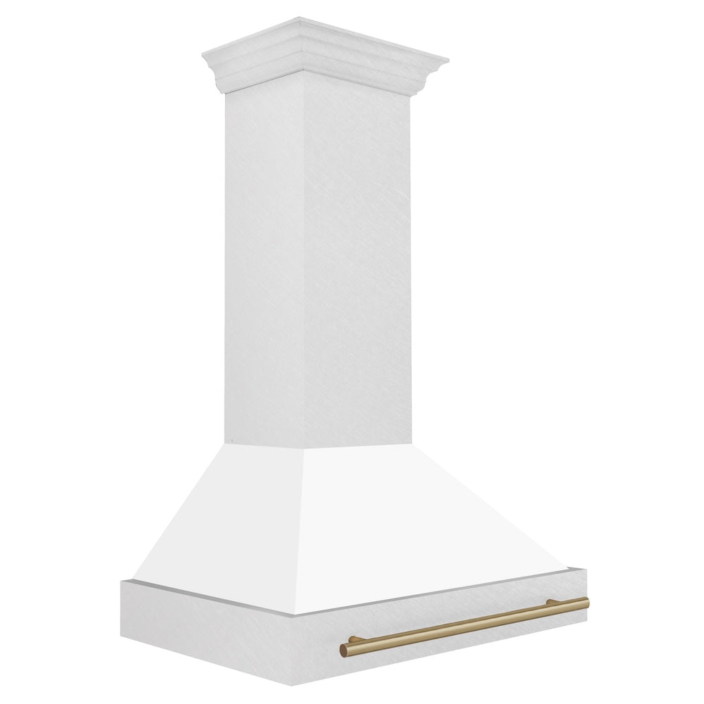 Autograph Edition 36 In. Satin Stainless Steel Wall Mount Range Hood With White Matte Shell And Champagne Bronze Handle 8654SNZWM36CB