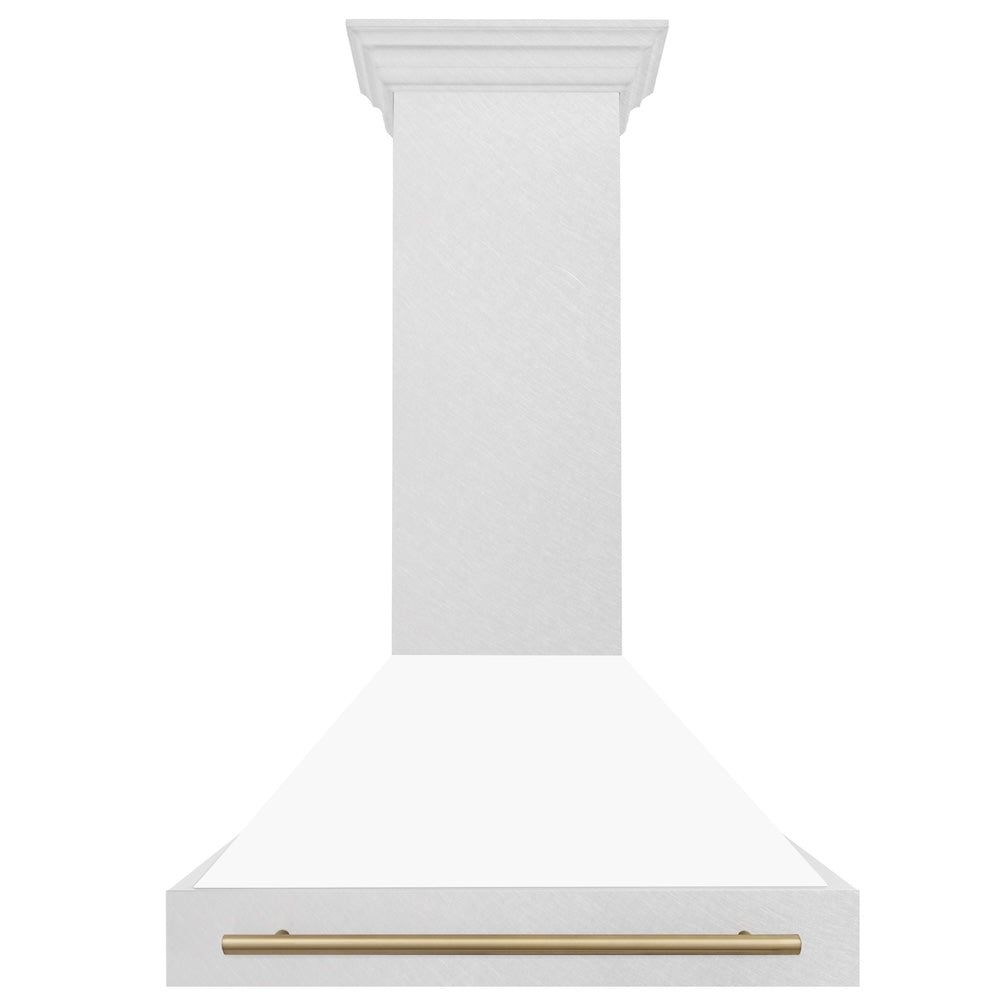 Autograph Edition 36 In. Satin Stainless Steel Wall Mount Range Hood With White Matte Shell And Champagne Bronze Handle 8654SNZWM36CB