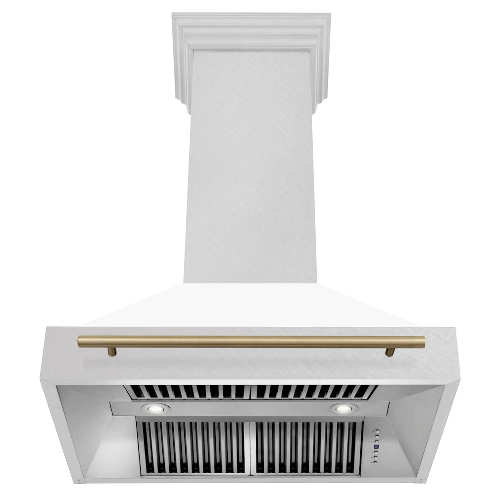 Autograph Edition 36 In. Satin Stainless Steel Wall Mount Range Hood With White Matte Shell And Champagne Bronze Handle 8654SNZWM36CB