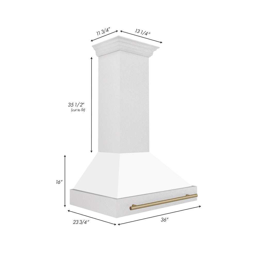 Autograph Edition 36 In. Satin Stainless Steel Wall Mount Range Hood With White Matte Shell And Champagne Bronze Handle 8654SNZWM36CB
