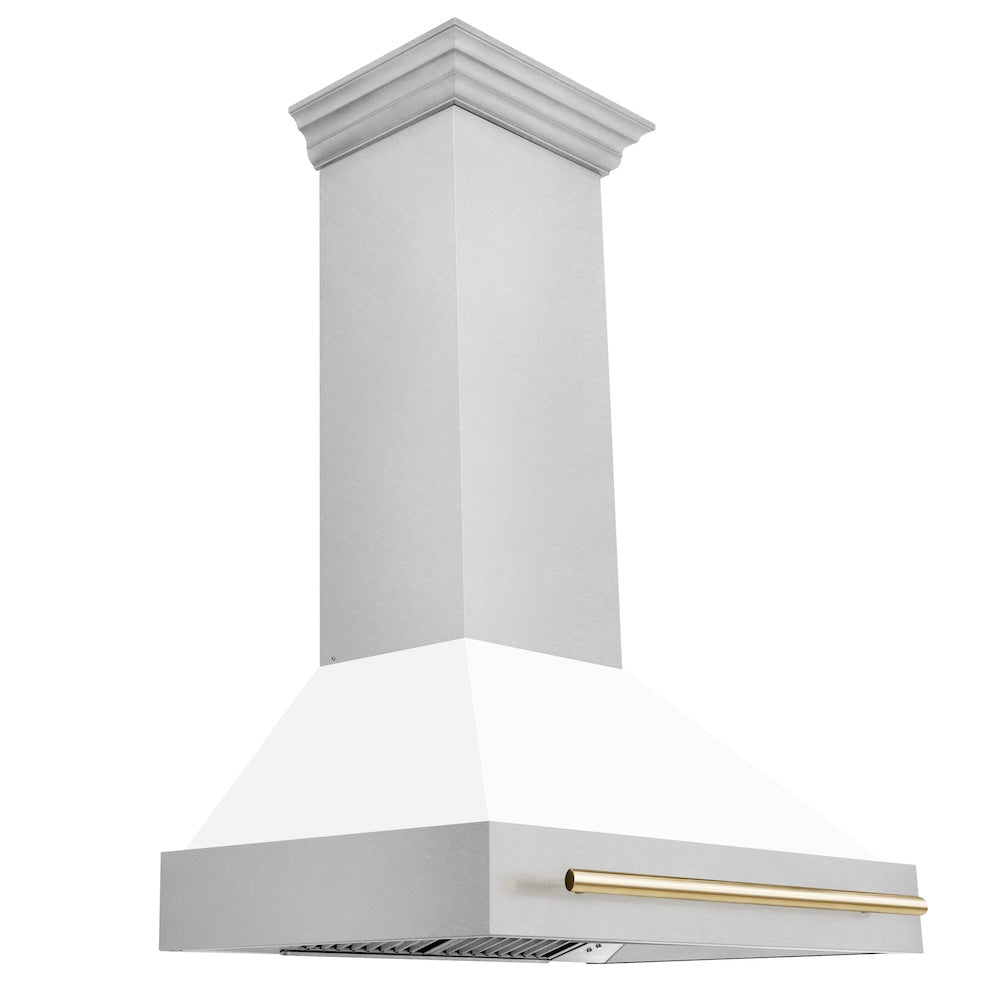 Autograph Edition 36 In. Satin Stainless Steel Wall Mount Range Hood With White Matte Shell And Polished Gold Handle 8654SNZWM36G