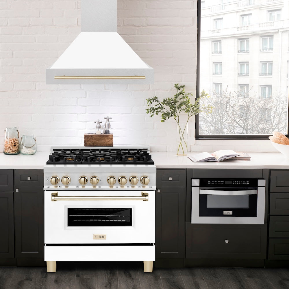 Autograph Edition 36 In. Satin Stainless Steel Wall Mount Range Hood With White Matte Shell And Polished Gold Handle 8654SNZWM36G