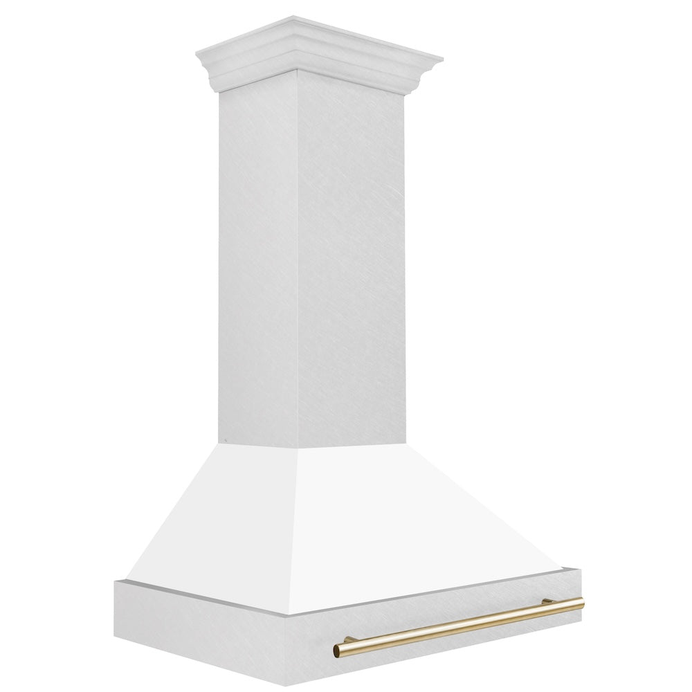 Autograph Edition 36 In. Satin Stainless Steel Wall Mount Range Hood With White Matte Shell And Polished Gold Handle 8654SNZWM36G