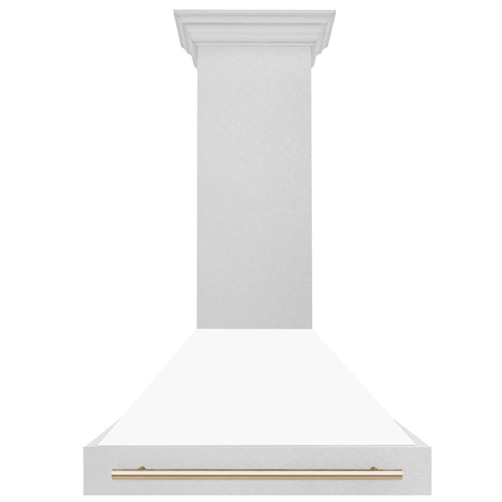 Autograph Edition 36 In. Satin Stainless Steel Wall Mount Range Hood With White Matte Shell And Polished Gold Handle 8654SNZWM36G