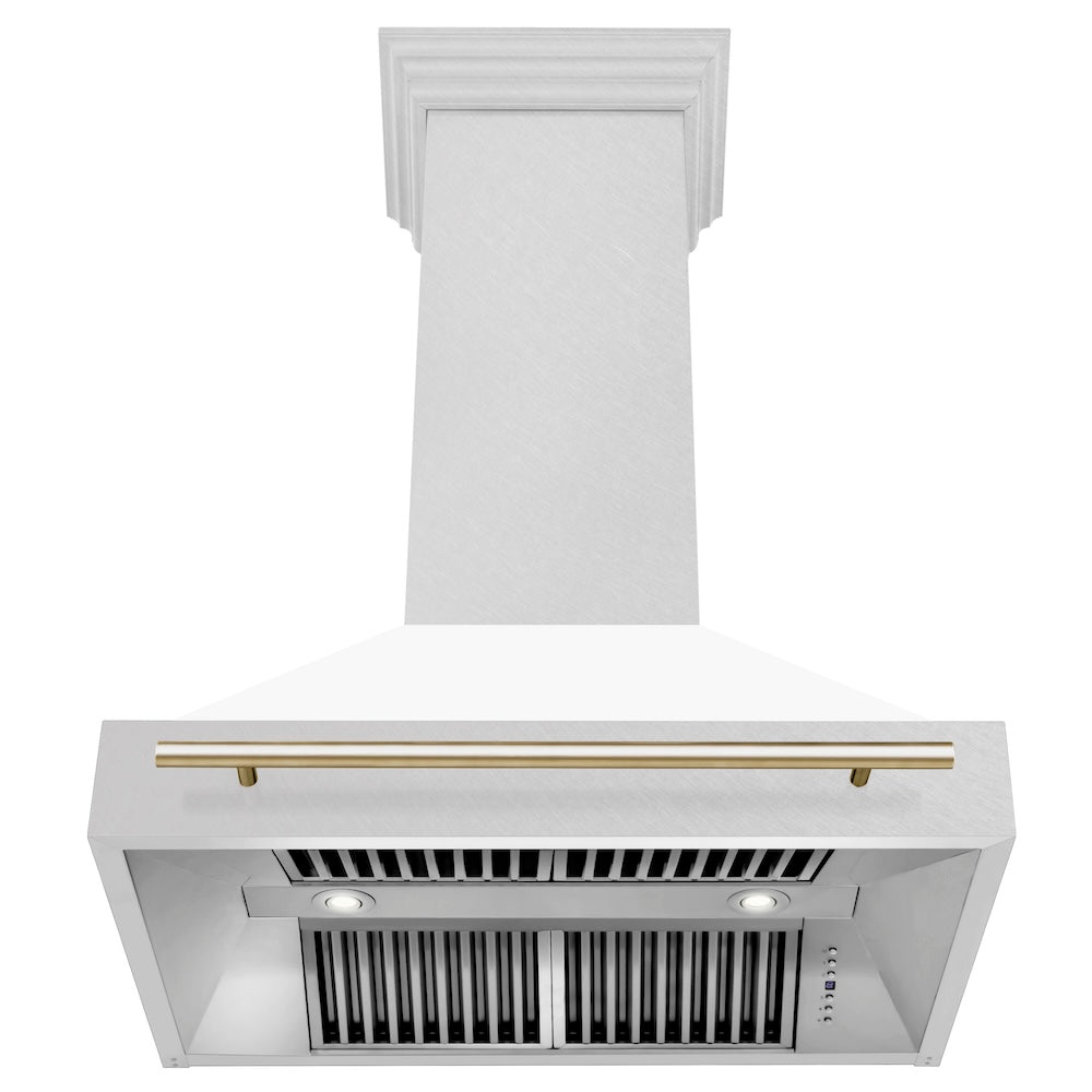 Autograph Edition 36 In. Satin Stainless Steel Wall Mount Range Hood With White Matte Shell And Polished Gold Handle 8654SNZWM36G