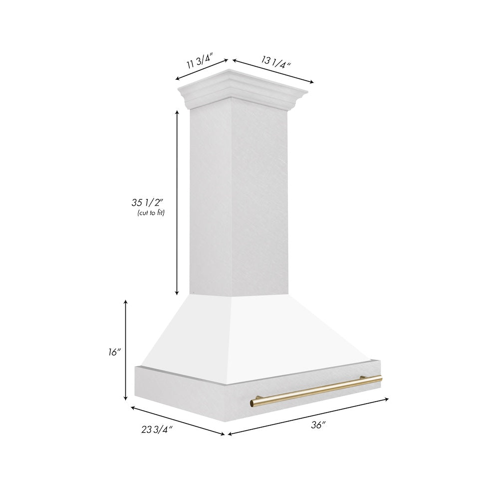 Autograph Edition 36 In. Satin Stainless Steel Wall Mount Range Hood With White Matte Shell And Polished Gold Handle 8654SNZWM36G