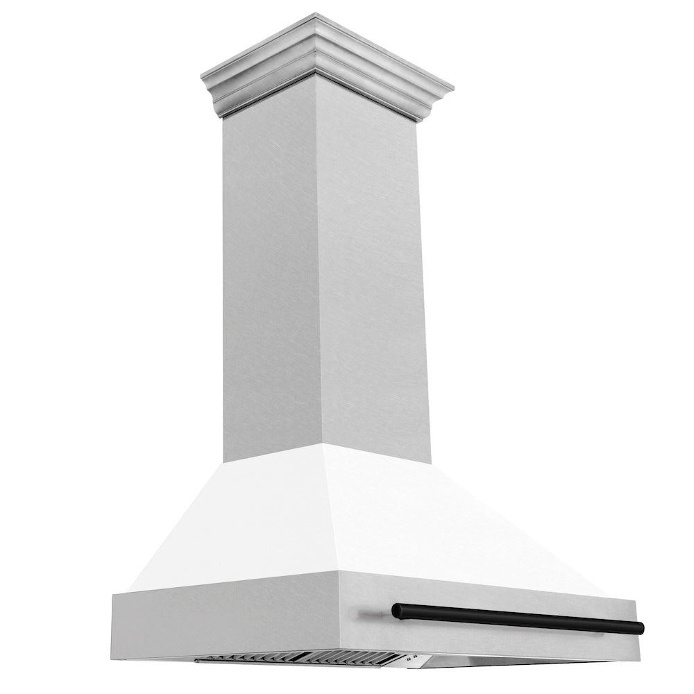 Autograph Edition 36 In. Satin Stainless Steel Wall Mount Range Hood With White Matte Shell And Matte Black Handle 8654SNZWM36MB