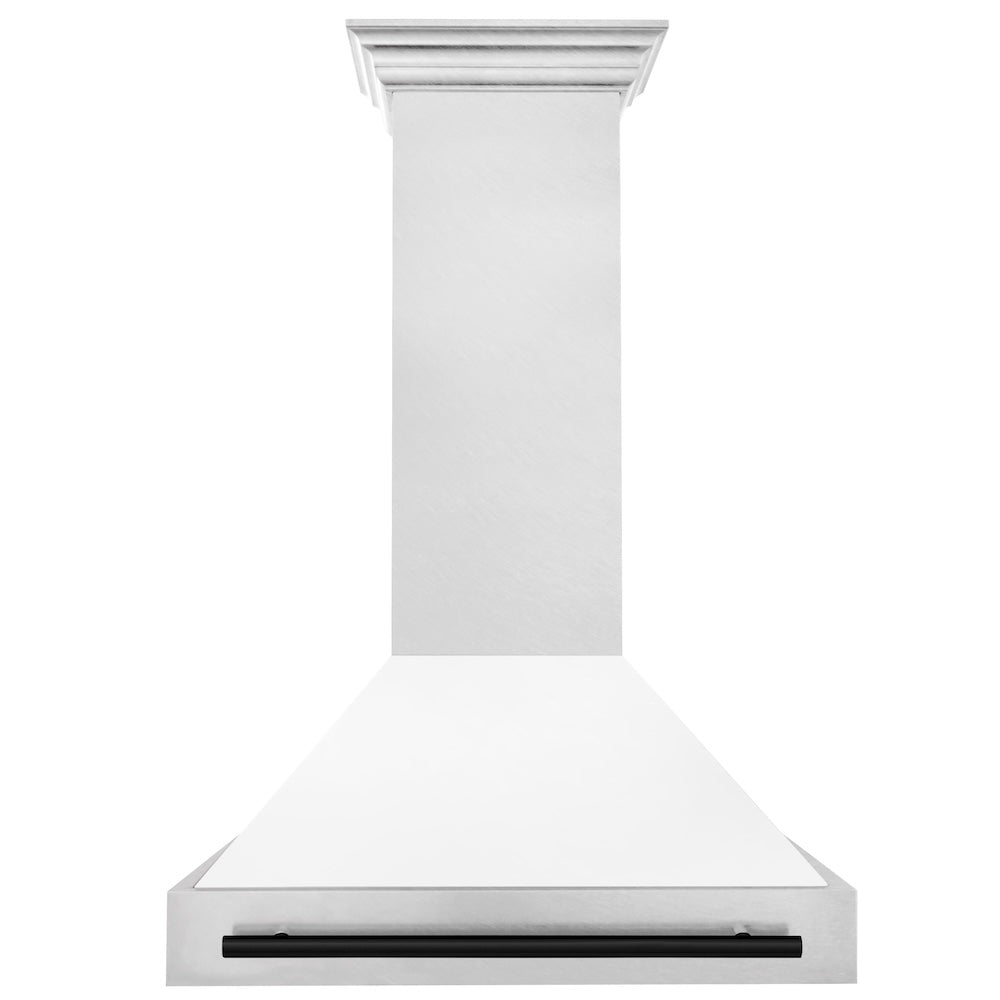 Autograph Edition 36 In. Satin Stainless Steel Wall Mount Range Hood With White Matte Shell And Matte Black Handle 8654SNZWM36MB