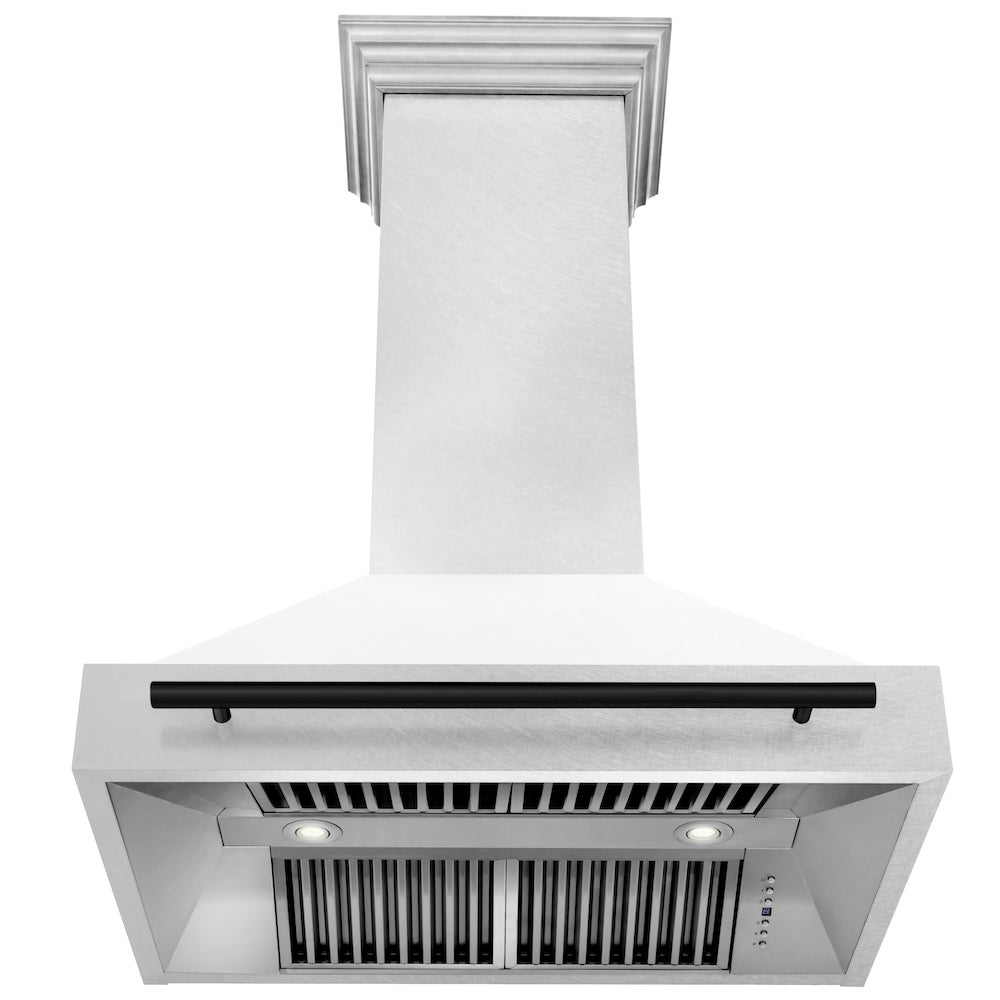 Autograph Edition 36 In. Satin Stainless Steel Wall Mount Range Hood With White Matte Shell And Matte Black Handle 8654SNZWM36MB
