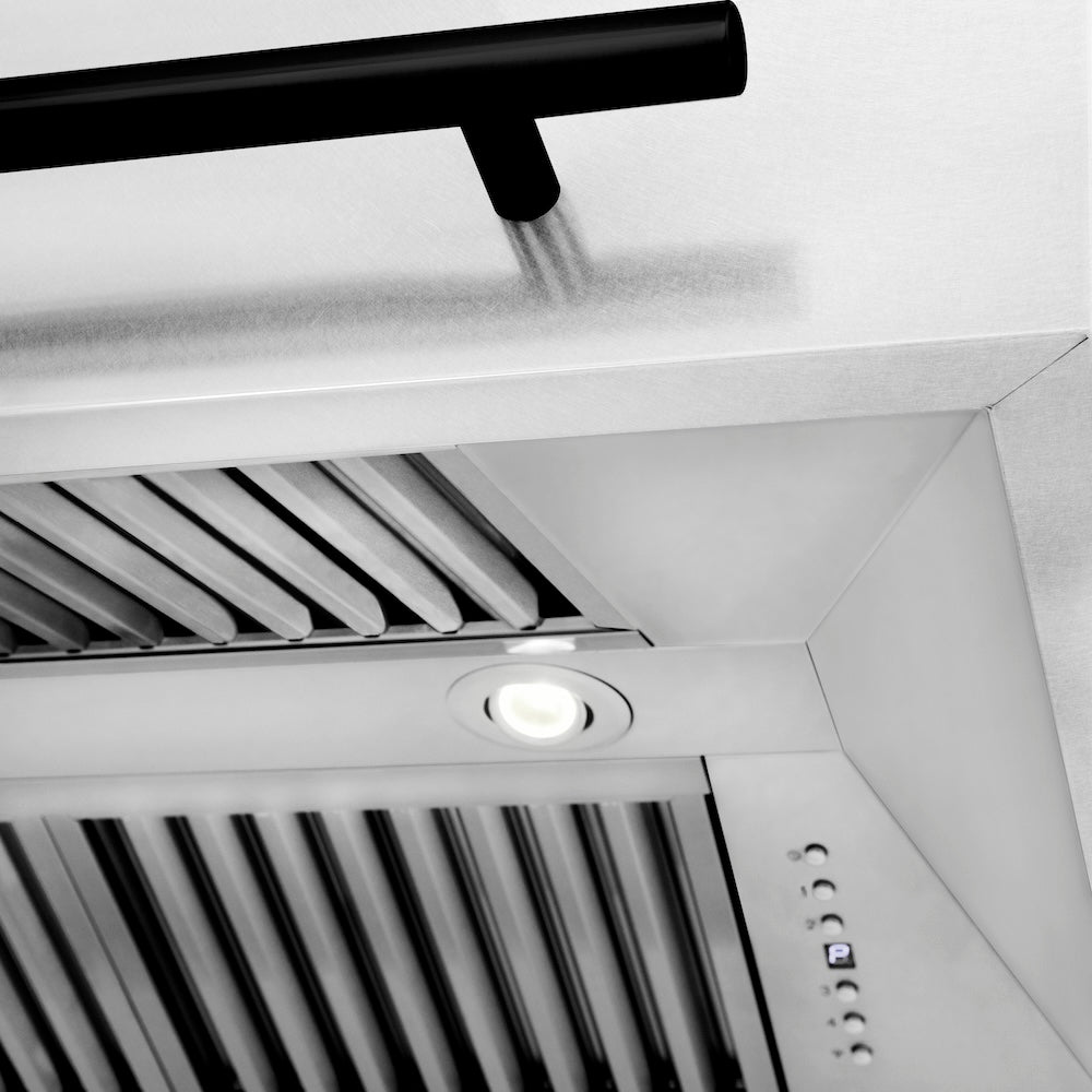 Autograph Edition 36 In. Satin Stainless Steel Wall Mount Range Hood With White Matte Shell And Matte Black Handle 8654SNZWM36MB