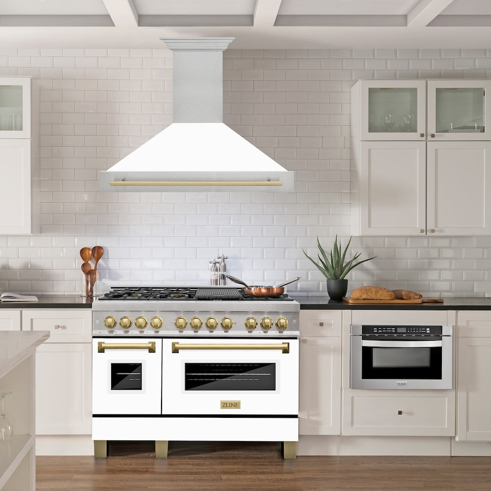 Autograph Edition 48 In. Satin Stainless Steel Wall Mount Range Hood With White Matte Shell And Champagne Bronze Handle 8654SNZWM48CB