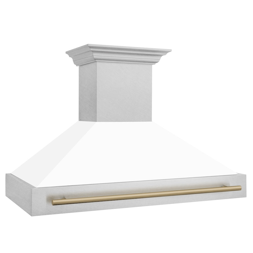 Autograph Edition 48 In. Satin Stainless Steel Wall Mount Range Hood With White Matte Shell And Champagne Bronze Handle 8654SNZWM48CB