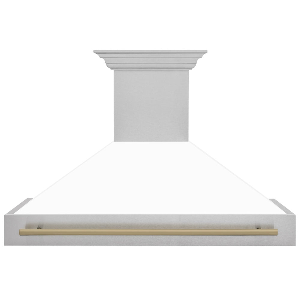 Autograph Edition 48 In. Satin Stainless Steel Wall Mount Range Hood With White Matte Shell And Champagne Bronze Handle 8654SNZWM48CB