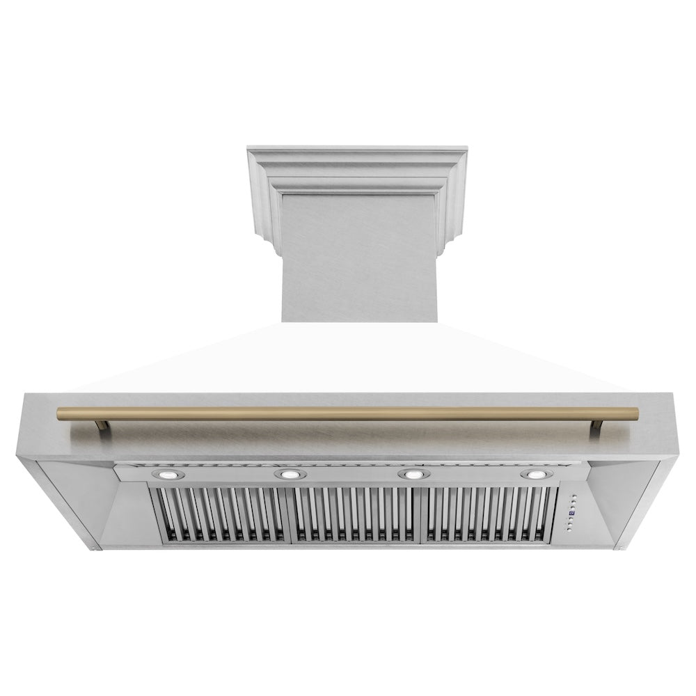 Autograph Edition 48 In. Satin Stainless Steel Wall Mount Range Hood With White Matte Shell And Champagne Bronze Handle 8654SNZWM48CB