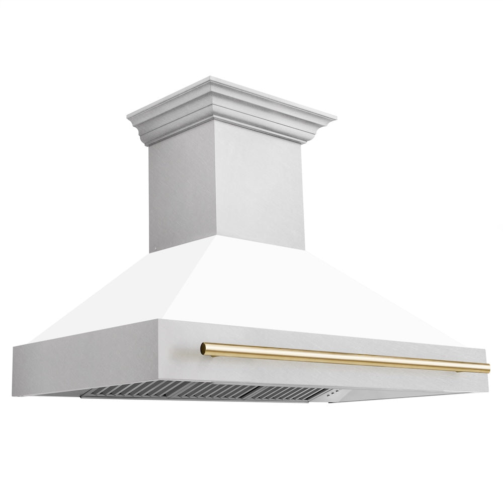 Autograph Edition 48 In. Satin Stainless Steel Wall Mount Range Hood With White Matte Shell And Polished Gold Handle 8654SNZWM48G