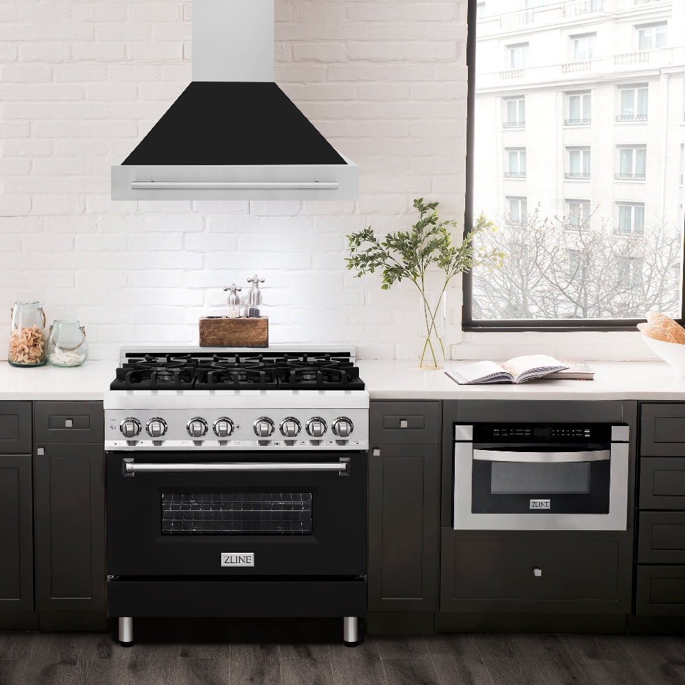 36 In. Stainless Steel Range Hood With Black Matte Shell And Stainless Steel Handle 8654STXBLM36
