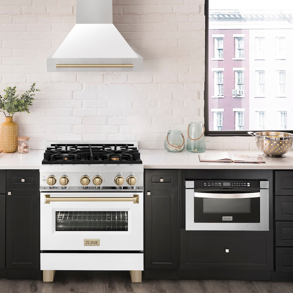Autograph Edition 30 In. Stainless Steel Range Hood With White Matte Shell And Champagne Bronze Handle 8654STZWM30CB