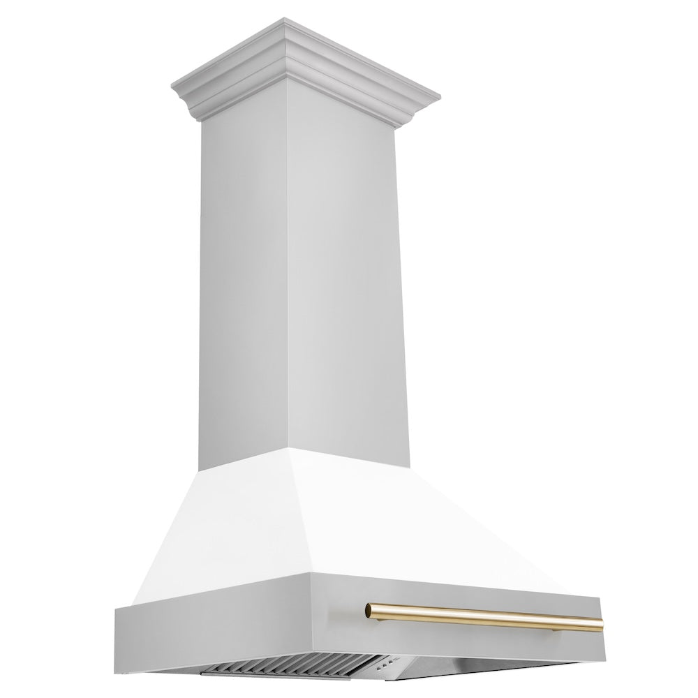 30"Autograph Edition Stainless Steel Range Hood with White Matte Shell and Polished Polished Gold Handle 8654STZWM30G