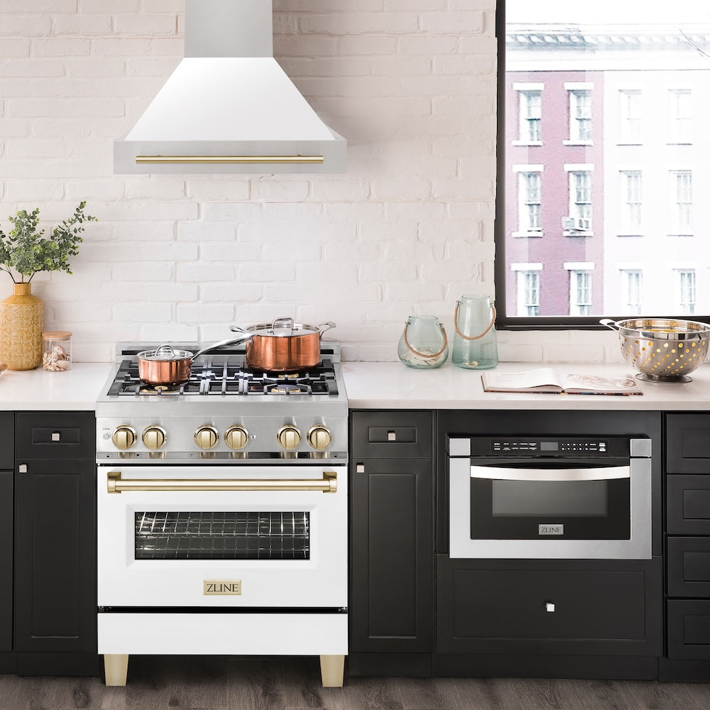 30"Autograph Edition Stainless Steel Range Hood with White Matte Shell and Polished Polished Gold Handle 8654STZWM30G