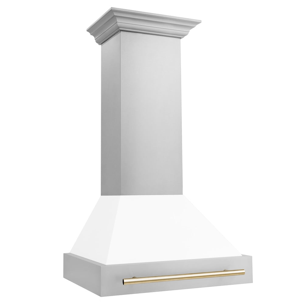 30"Autograph Edition Stainless Steel Range Hood with White Matte Shell and Polished Polished Gold Handle 8654STZWM30G