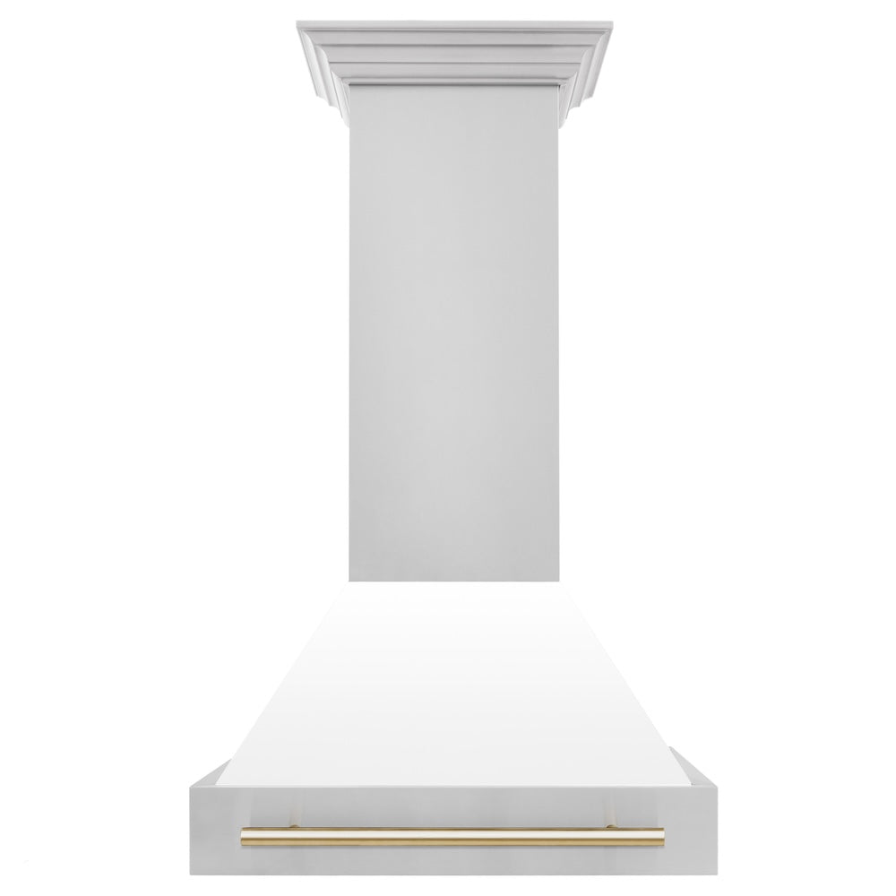 30"Autograph Edition Stainless Steel Range Hood with White Matte Shell and Polished Polished Gold Handle 8654STZWM30G